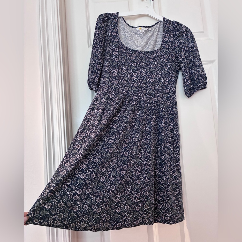 Boden Navy Floral 3/4 Long Puff Sleeve Scoop Neck Knit‎ Cotton Knee Length Dress